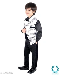 Boy's Ethnic Party Wear Shirt Waistcoat and Pant Set - 1-2 Years, Black, Aqua, Top Fabric Bottom Fabric : Polyster, Multipack :single Add-Ons:bow Tie